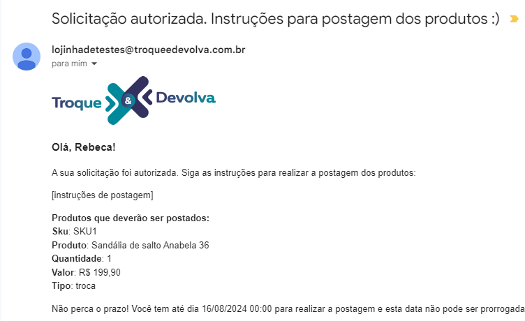 Exemplo de e-mail transacional autorizada a postagem