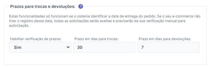 Configuração de prazos para negativa automática de troca ou devolução