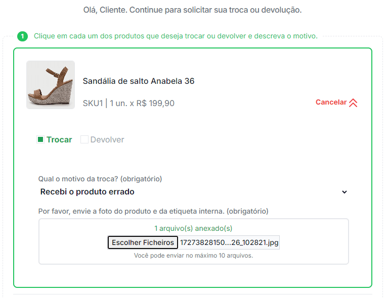 Tela de solicitação com pergunta com anexo