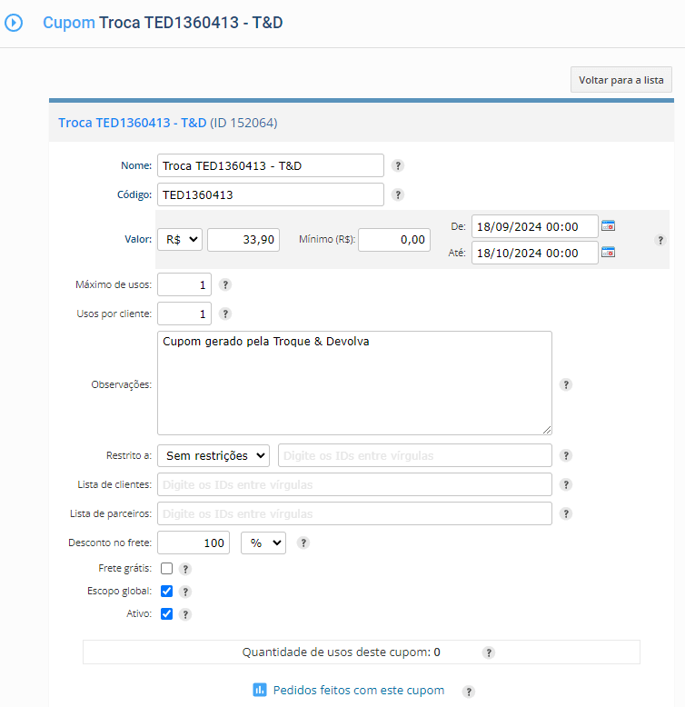 Cupom de desconto gerado pela Troque & Devolva na Fastcommerce