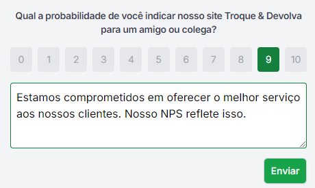 exemplo de tela de pesquisa NPS da Troque & Devolva